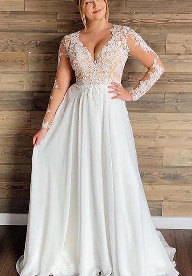 Tamaño grande Sexy Vestido de boda de la playa de gasa larga eética y casual de cuello profundo