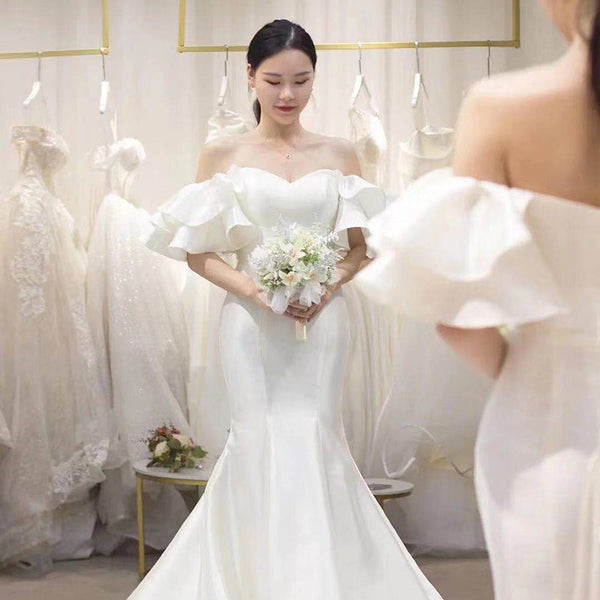 Vestido de novia de satén de estilo coreano Simple y elegante vestido de novia con cuello de sirena