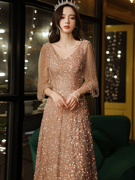 High-End Evening Dress 2025 Champagne Sequin Long Dress with Queenly Aura