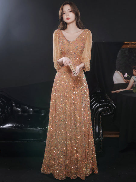 High-End Evening Dress 2025 Champagne Sequin Long Dress with Queenly Aura