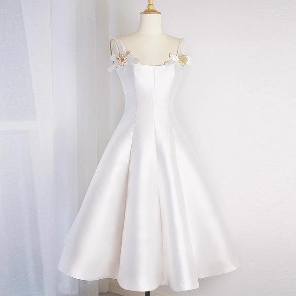 French Satin Party Dress – Elegant White Gown with Hepburn Flair for Brides