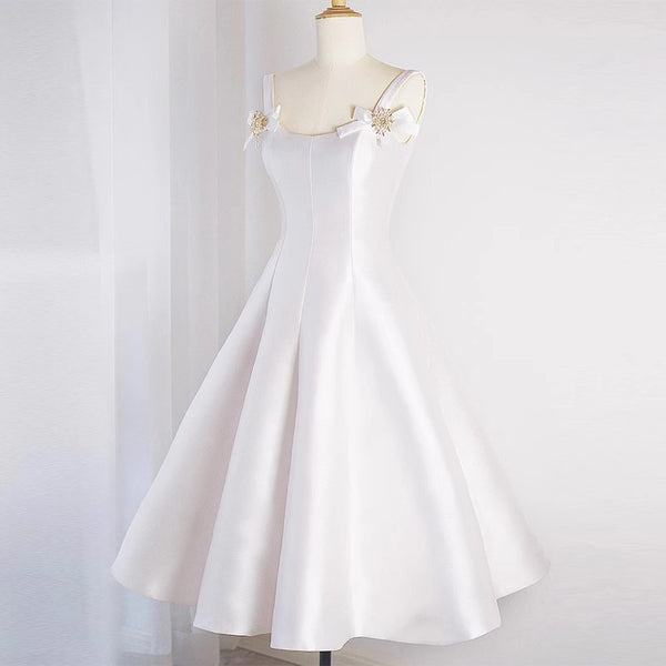 French Satin Party Dress – Elegant White Gown with Hepburn Flair for Brides