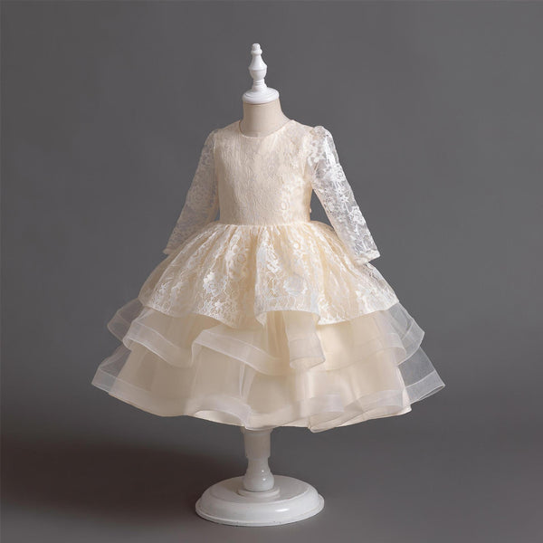 Vestido de princesa de falda de encaje de encaje de manga larga para niñas