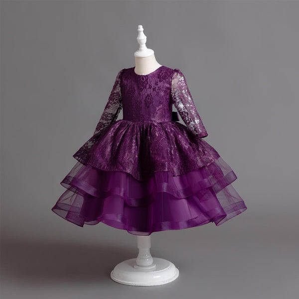 Vestido de princesa de falda de encaje de encaje de manga larga para niñas
