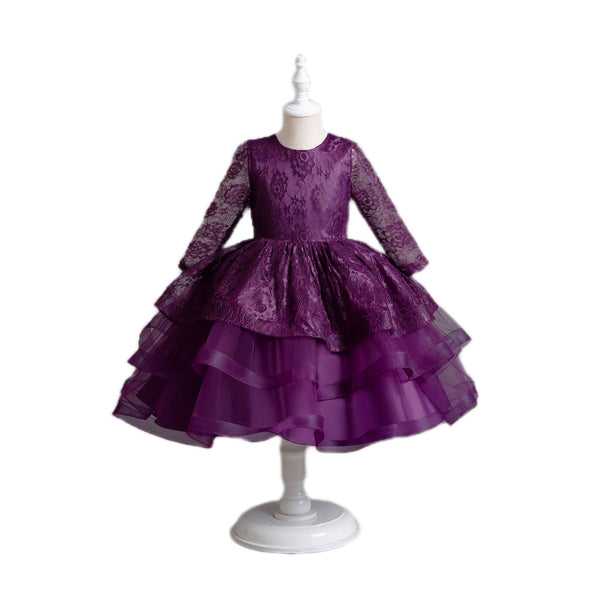Vestido de princesa de falda de encaje de encaje de manga larga para niñas
