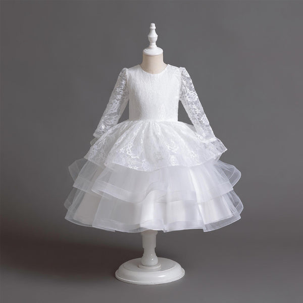 Vestido de princesa de falda de encaje de encaje de manga larga para niñas