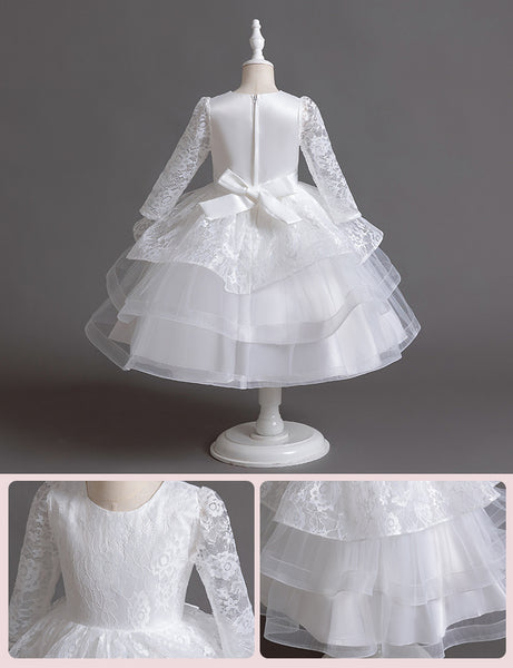 Vestido de princesa de falda de encaje de encaje de manga larga para niñas