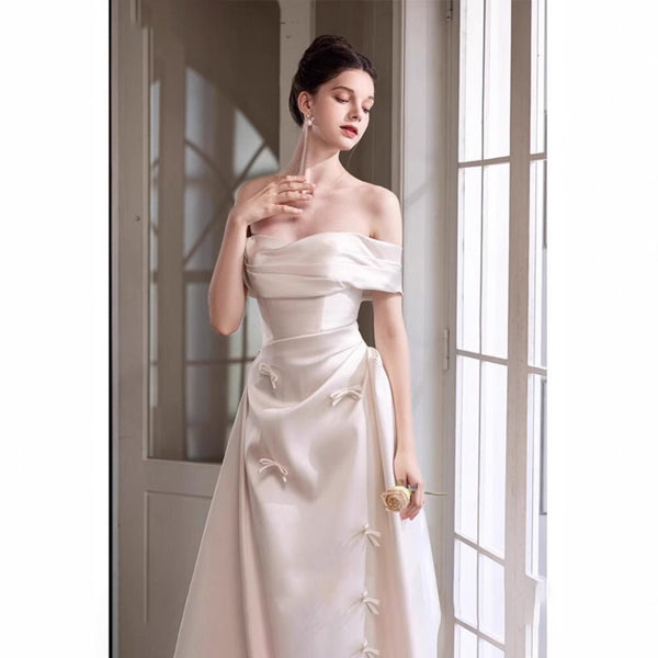 French Satin Off-Shoulder Dress – Elegant Wedding Gown for Engagement or Morning Ceremonies (2025)