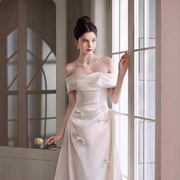 French Satin Off-Shoulder Dress – Elegant Wedding Gown for Engagement or Morning Ceremonies (2025)