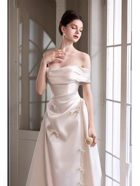 French Satin Off-Shoulder Dress – Elegant Wedding Gown for Engagement or Morning Ceremonies (2025)