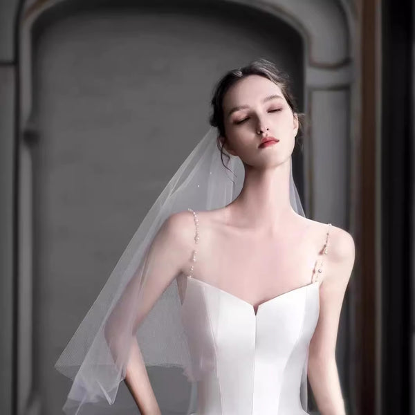 French Satin Spaghetti Strap Wedding Dress – Elegant Gown for Brides or Formal Occasions (2025)