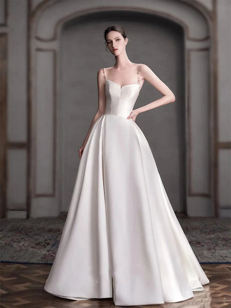 French Satin Spaghetti Strap Wedding Dress – Elegant Gown for Brides or Formal Occasions (2025)