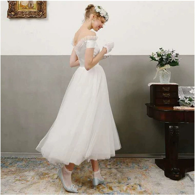 White Off-Shoulder Wedding Dress – Outdoor/Travel Engagement Gown for