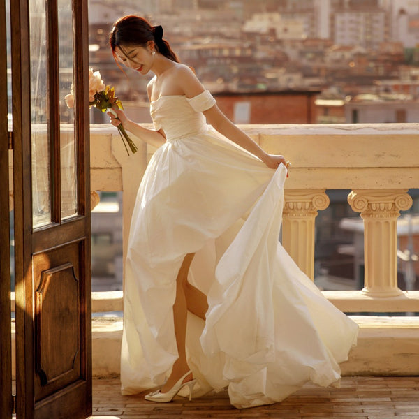 Off-Shoulder Satin Wedding Dress – Elegant Long Gown with Slit for Greeters or Ceremony (2025)