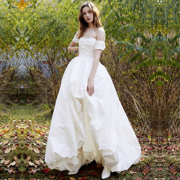 Off-Shoulder Satin Wedding Dress – Elegant Long Gown with Slit for Greeters or Ceremony (2025)
