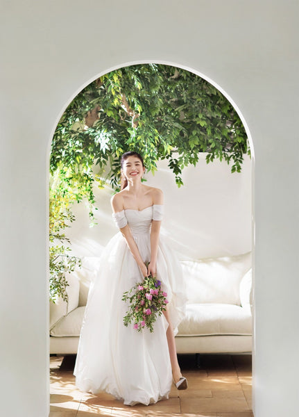 Off-Shoulder Satin Wedding Dress – Elegant Long Gown with Slit for Greeters or Ceremony (2025)