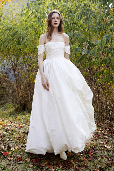 Off-Shoulder Satin Wedding Dress – Elegant Long Gown with Slit for Greeters or Ceremony (2025)
