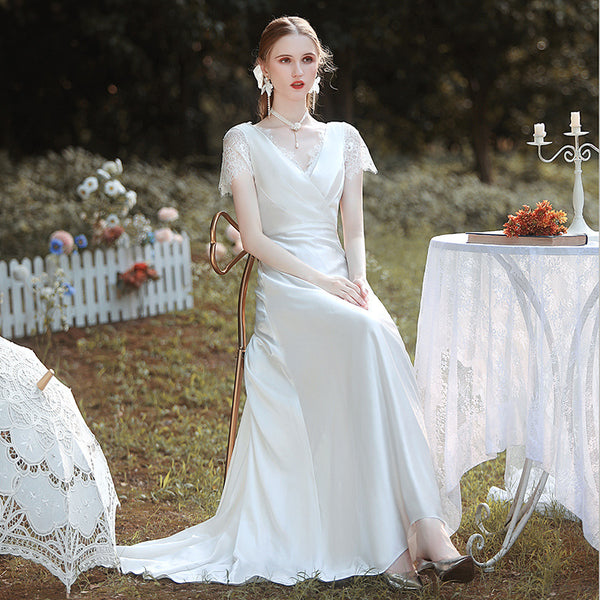 Off-Shoulder Forest Wedding Dress – Whimsical Satin Gown for Ceremony or Formal Events