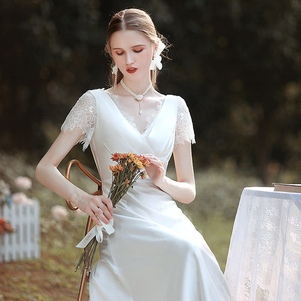 Off-Shoulder Forest Wedding Dress – Whimsical Satin Gown for Ceremony or Formal Events