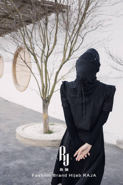 Liyana-Black Shimmer Chiffon Hijab Hejab con arcos de bordado y cuentas
