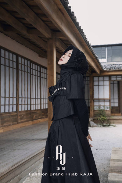 Liyana-Black Shimmer Chiffon Hijab Hejab con arcos de bordado y cuentas