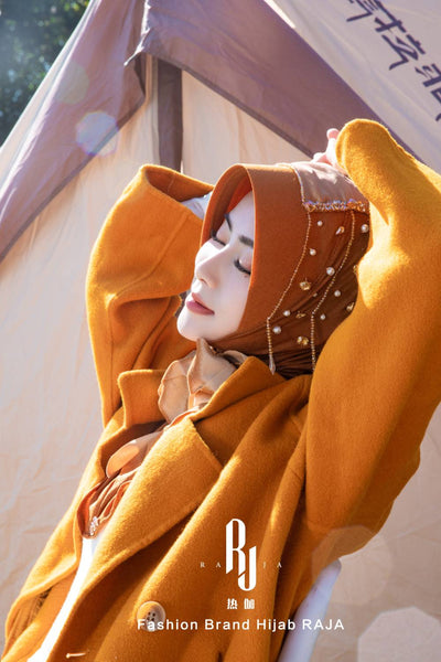 Lulu-Bronze Tapa de hijab de gasa moderna y modesta con arco de terciopelo y cuentas