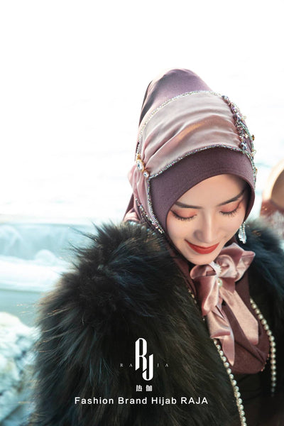 Lulu-plum Tapa de hijab de gasa moderna y modesta con arco de terciopelo y cuentas