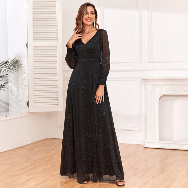 Sassy Vestido de línea de manga larga con cuello en V