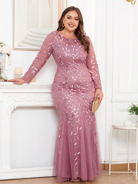 Plus Size Long Sleeves Scoop Neck Sequined Mermaid Tulle Evening/Formal Dress