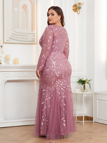 Plus Size Long Sleeves Scoop Neck Sequined Mermaid Tulle Evening/Formal Dress