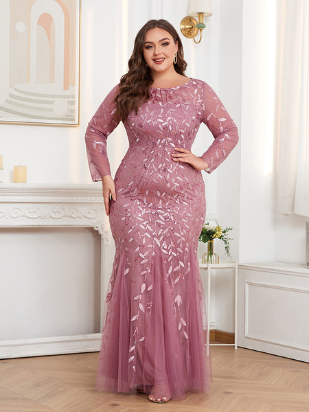 Plus Size Long Sleeves Scoop Neck Sequined Mermaid Tulle Evening/Formal Dress