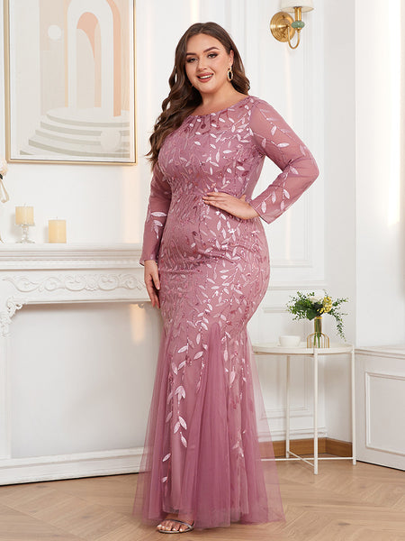 Plus Size Long Sleeves Scoop Neck Sequined Mermaid Tulle Evening/Formal Dress