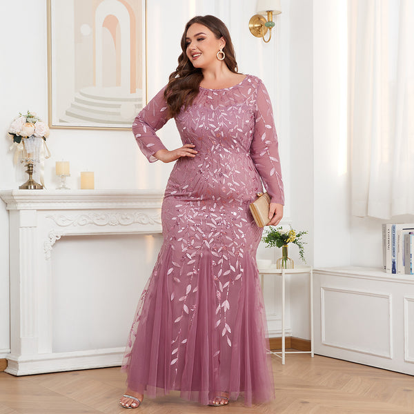 Plus Size Long Sleeves Scoop Neck Sequined Mermaid Tulle Evening/Formal Dress