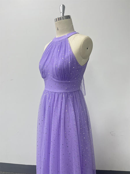 Robe de demoiselle d'honneur/de bal/de soirée longue à taille empire, scintillante et sans manches, avec nœud