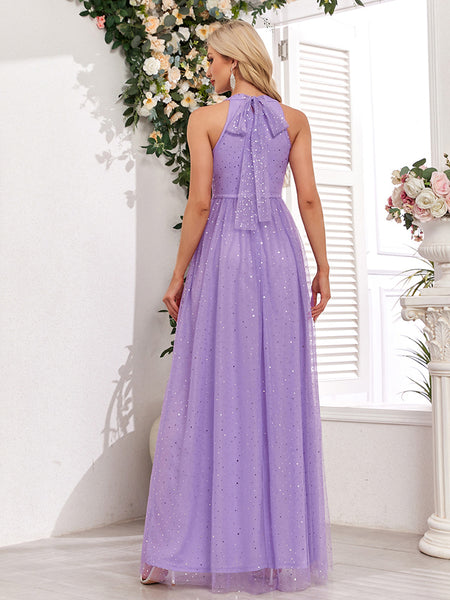 Robe de demoiselle d'honneur/de bal/de soirée longue à taille empire, scintillante et sans manches, avec nœud