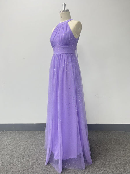 Robe de demoiselle d'honneur/de bal/de soirée longue à taille empire, scintillante et sans manches, avec nœud