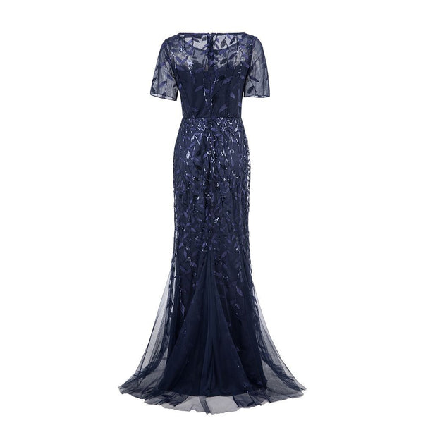Modest Embroidered Scoop Neck Short Sleeve Sheath Maxi Evening/Formal Dress
