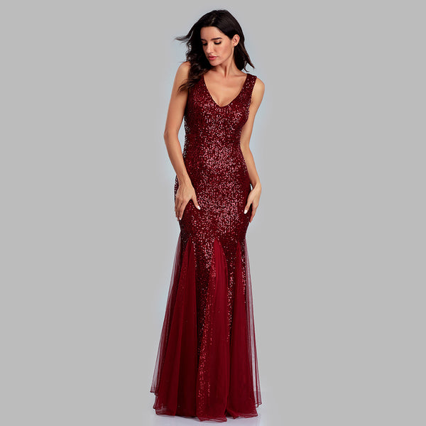 Schimmerndes, ärmelloses Etuikleid aus Tüll mit Pailletten und V-Ausschnitt, Maxi-Abschlussball-/Abend-/Festkleid