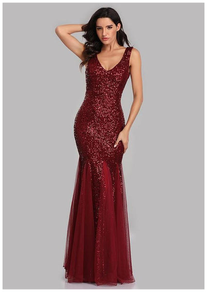 Schimmerndes, ärmelloses Etuikleid aus Tüll mit Pailletten und V-Ausschnitt, Maxi-Abschlussball-/Abend-/Festkleid
