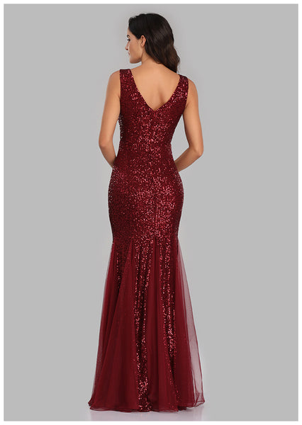 Schimmerndes, ärmelloses Etuikleid aus Tüll mit Pailletten und V-Ausschnitt, Maxi-Abschlussball-/Abend-/Festkleid