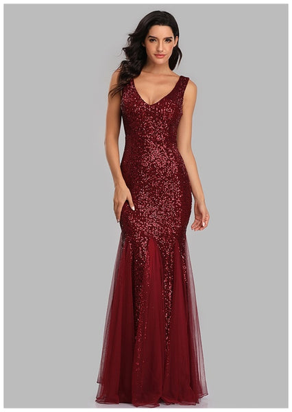 Schimmerndes, ärmelloses Etuikleid aus Tüll mit Pailletten und V-Ausschnitt, Maxi-Abschlussball-/Abend-/Festkleid