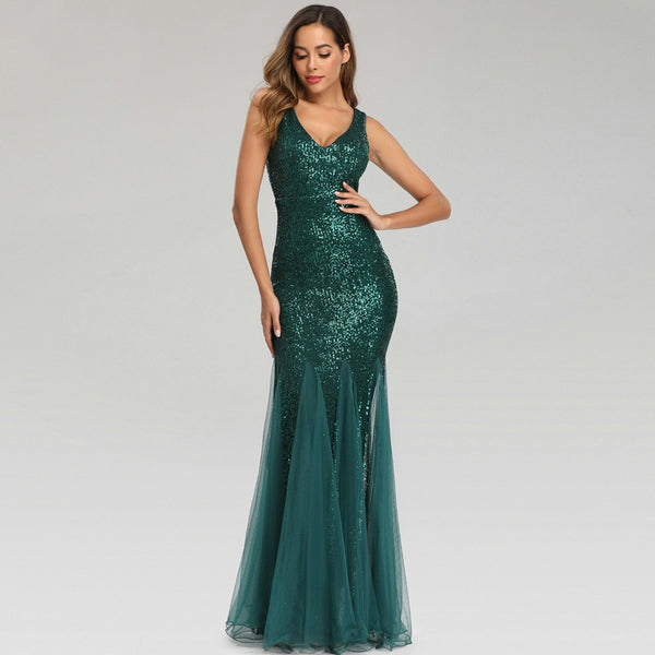 Schimmerndes, ärmelloses Etuikleid aus Tüll mit Pailletten und V-Ausschnitt, Maxi-Abschlussball-/Abend-/Festkleid