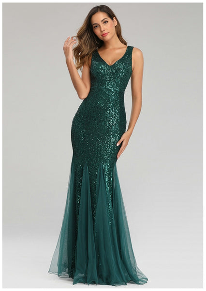Schimmerndes, ärmelloses Etuikleid aus Tüll mit Pailletten und V-Ausschnitt, Maxi-Abschlussball-/Abend-/Festkleid