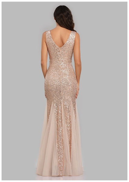 Schimmerndes, ärmelloses Etuikleid aus Tüll mit Pailletten und V-Ausschnitt, Maxi-Abschlussball-/Abend-/Festkleid