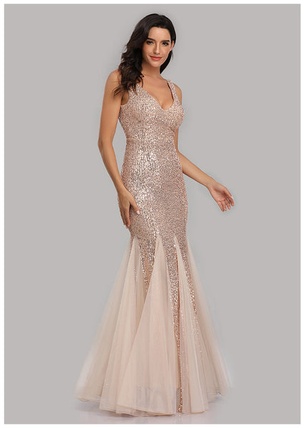 Schimmerndes, ärmelloses Etuikleid aus Tüll mit Pailletten und V-Ausschnitt, Maxi-Abschlussball-/Abend-/Festkleid