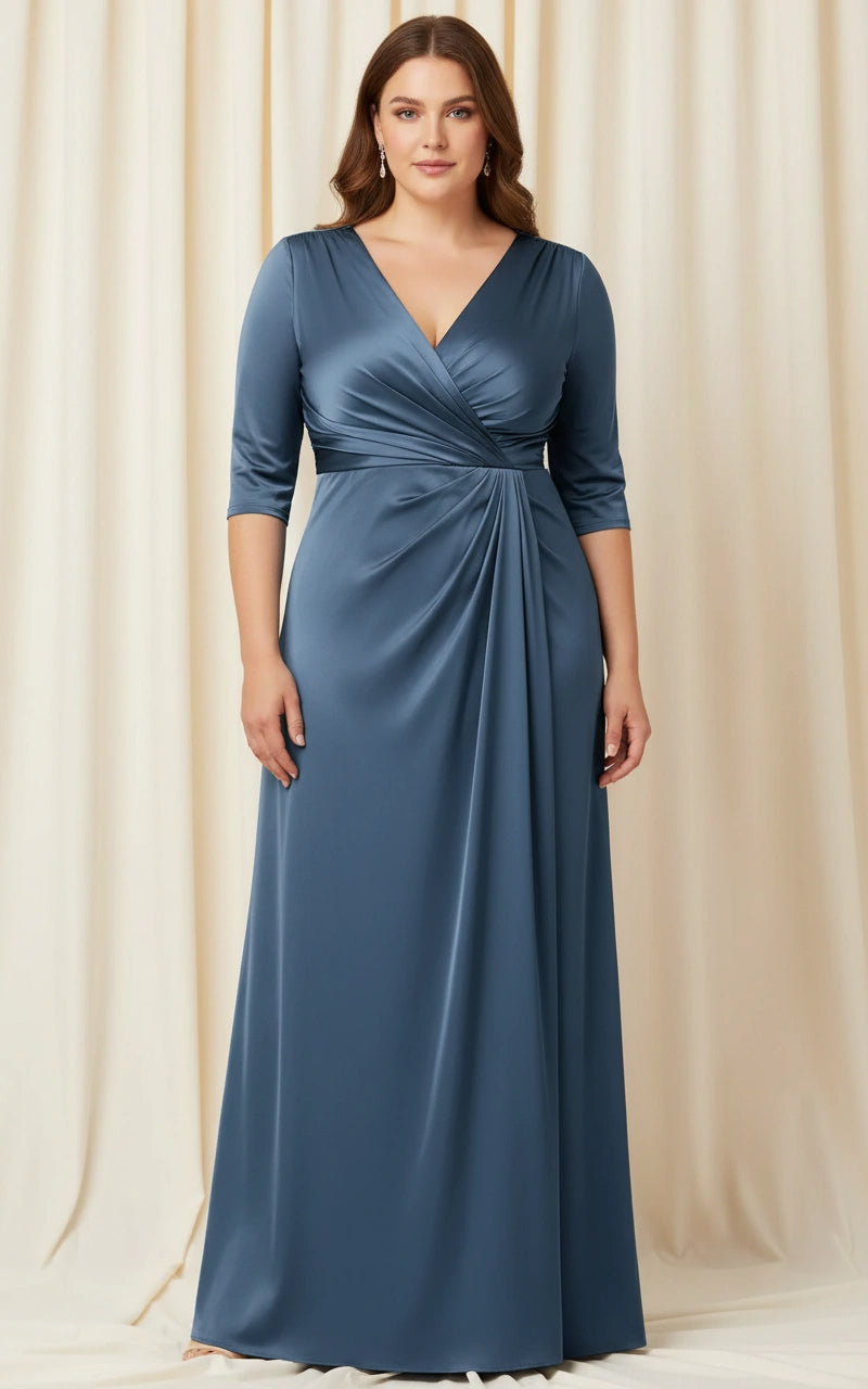 V-neck Half Sleeves Satin Pleated Floor Length Column Dress  Ms. Grace