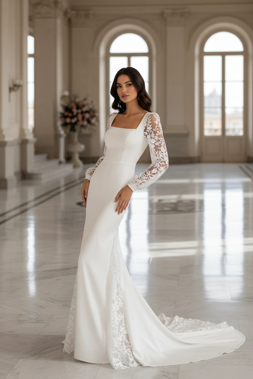 Square Neck Long Lace Sleeves Sheath Satin Wedding Dress Ms. Grace Square Neck Long Lace Sleeves Sheath Satin Wedding Dress Ms. Grace