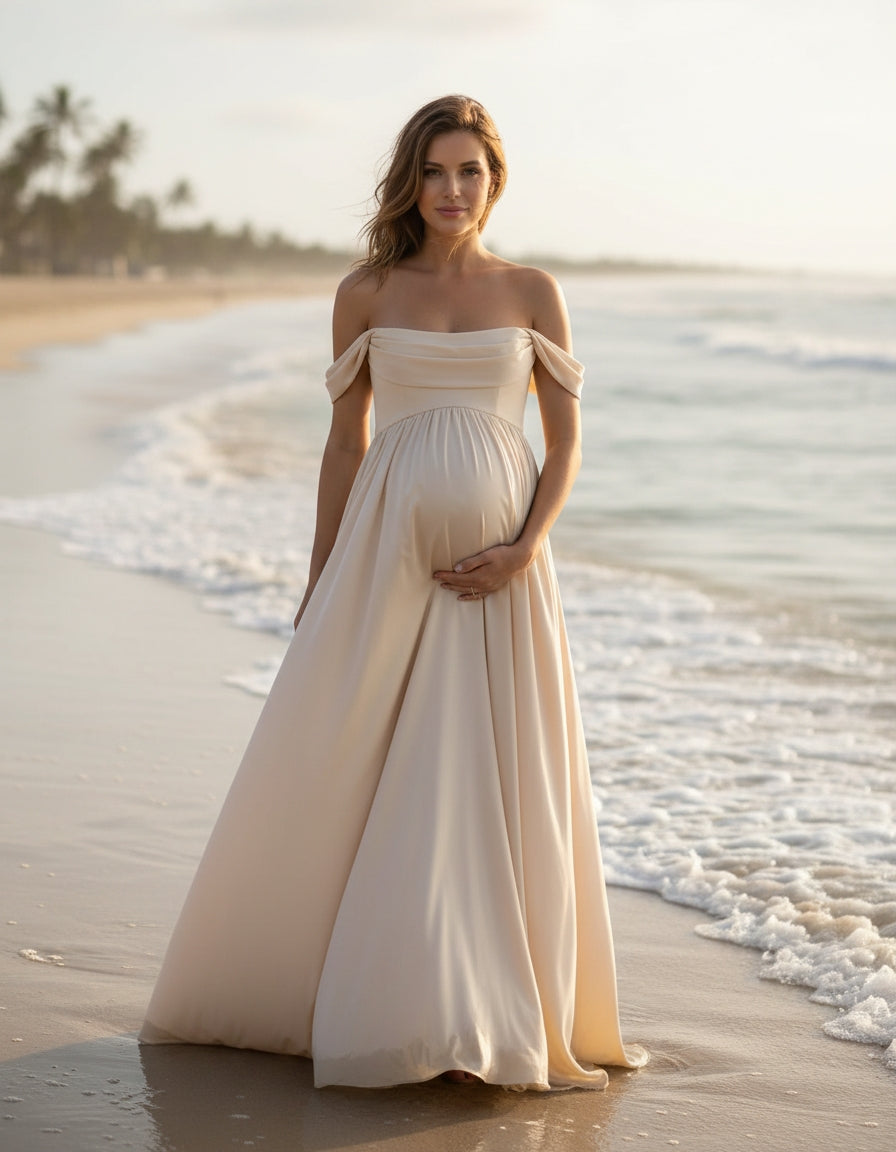 Off-the-Shoulder Empire A-line Maternity Wedding Dress Ms. Grace Off-the-Shoulder Empire A-line Maternity Wedding Dress Ms. Grace