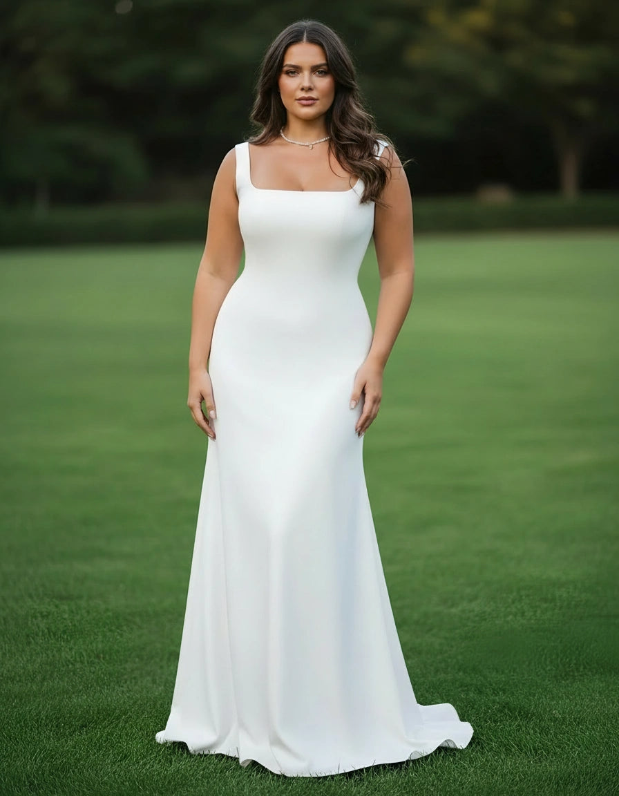 plus size minimalist wedding dress Minimalist Square Neck Satin Sheath Plus Size Wedding Dress – Ms. Grace