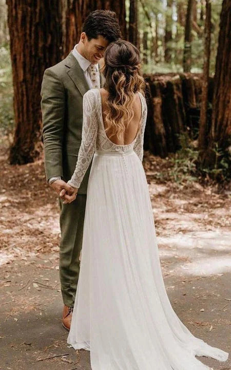 Country Pleated Long Sleeve Scoop-neck Lace&Chiffon Wedding Dress with –  Ms. Grace